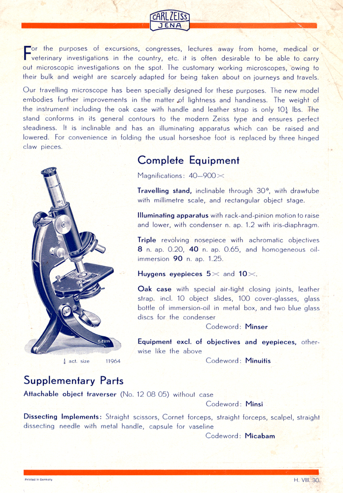 Druckschrift zum Reisemikroskop 1930